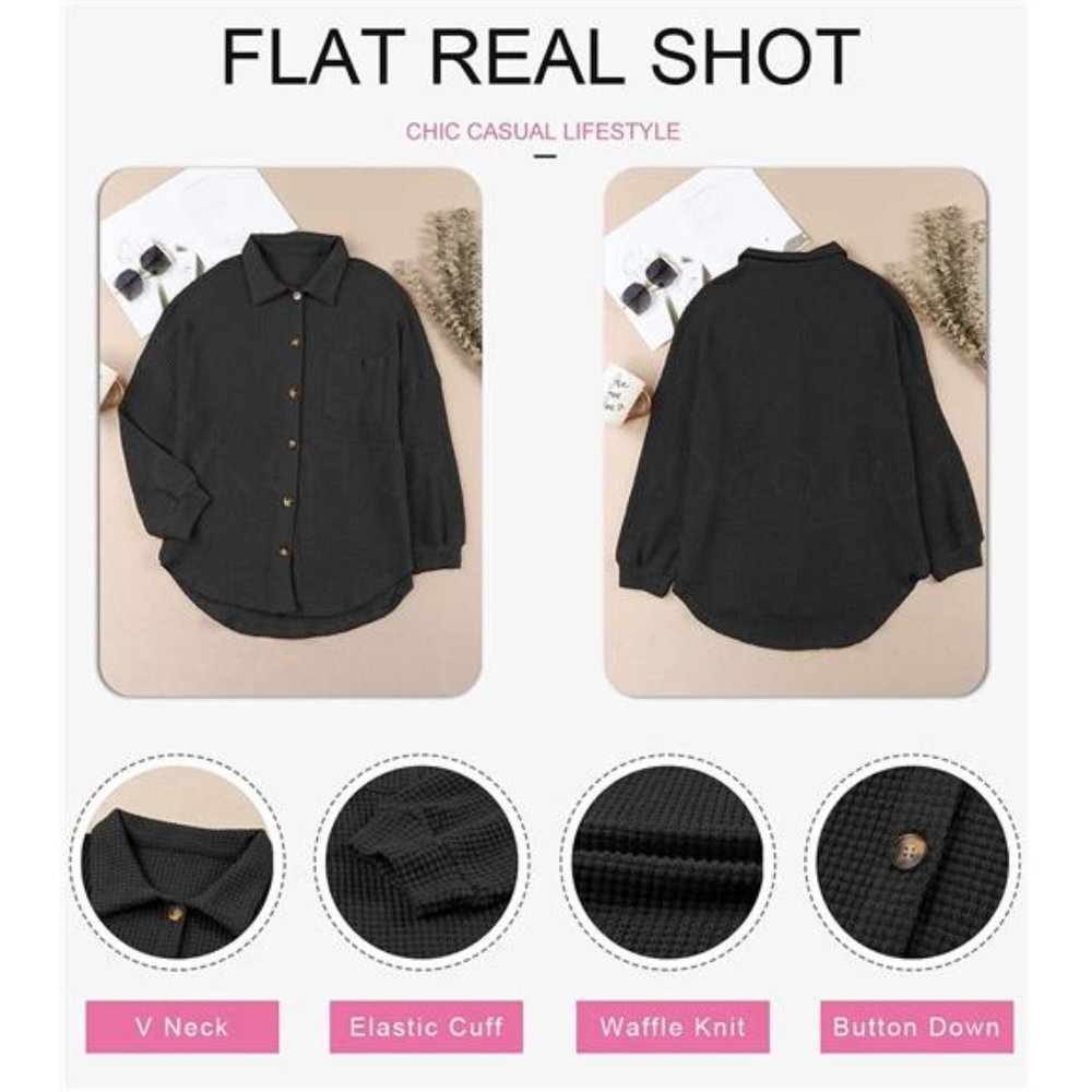 Womens Waffle Knit Shacket Jacket Long Sleeve Button Down Shirts - Picture 3 of 5